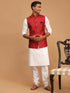 Vastramay Men's Maroon Jacquard Nehru Jacket with Kurta Pyjama Set